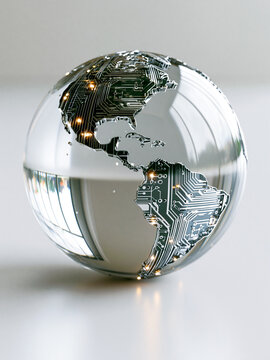 Glass globe with digital circuit boards inside shaped like world continents. Futuristic tech concept of global network, cyber security and artificial intelligence connectivity.