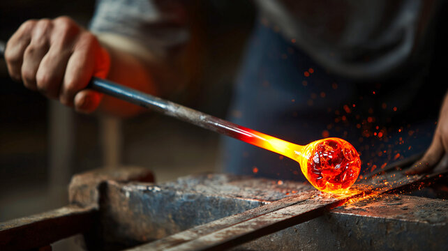 Close up of a glassblower shaping molten hot glass on a blowpipe at a workshop. Process of traditional glassblowing craft, sparks and glowing orange material in motion.