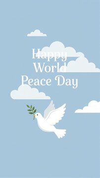 Happy World Peace Day greeting with flying white dove and olive branch motion graphic, ai generated