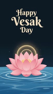 Happy Vesak Day greeting with pink lotus flower and glowing halo motion graphic, ai generated