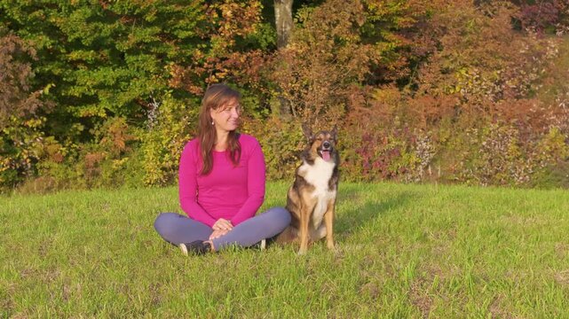 CLOSE UP, PORTRAIT: Smiling woman sits in a sunny grassy meadow while her happy mixed breed shepherd dog walks away toward the camera. Outdoor relaxation during a walk in colorful autumn woodland.