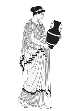 Ancient Greek woman goddess in tunic with a jug for wine and water. Figure isolated on white background