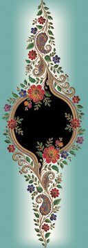 Is panel mein light blue aur white ka soothing gradient background diya gaya hai, jiske beech mein intricate mehndi-style floral frame hai.