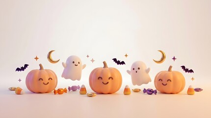 Fototapeta premium Festive halloween decorations with pumpkins ghosts and bats on a light background