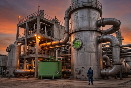 Chemical processing plant engineering, an industrial worker in boiler suit inspects a massive catalytic reactor column during evening dusk, gigantic stainless steel distillation towers, interconnected high pressure pipelines, concrete support structures, circular illuminated sight glass reveals radiant green synthesized fluid, an adjacent green mixing vessel with agitator mechanism anchors the bottom composition, glowing sodium vapor spotlights cut through dramatic orange twilight clouds, vertical cylindrical geometry meets complex horizontal pipe routing, human scale dissolves against colossal heavy manufacturing infrastructure, solitary maintenance operative stands anonymously gazing upward at processing mechanics, downstream petroleum refinement, circular bioeconomy fuel synthesis, hazardous material regulation, thermal energy transfer, automated process engineering, secondary sector industrial production, AI-generated, AI generated