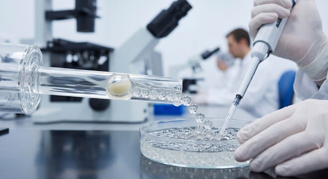 Hydrogel microsphere encapsulation and pharmaceutical drug delivery research proceed inside a sterile biotechnology cleanroom laboratory environment, gloved hands operate an automatic precision pipette beside a glass fluidic tube dispensing spherical biomaterial beads into a petri dish, background workstations with microscopes represent systemic clinical discovery, microscopic cellular manipulation serves as metaphor for controlled pharmacological synthesis, bioprocess engineering accelerates regenerative tissue therapy, chemical analysis of biomimetic polymers, molecular biology workflow, AI-generated, AI generated