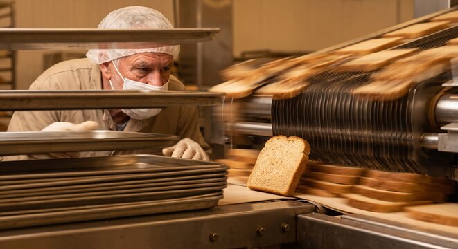 Automated industrial bakery line processing sliced bread while a focused senior food manufacturing worker monitors product quality control standards, rapid mechanical motion blur captures high volume conveyor speed contrasting the stillness of human vigilance, stacked stainless steel baking sheets symbolize culinary craft origins preserved within mechanized factory environments, single upright loaf slice in sharp focus highlights food safety verification, personal protective equipment including bouffant cap face mask and hygienic gloves reflects strict sanitation compliance, demographic transformation in aging blue collar workforces meeting continuous technological throughput, mass manufacturing efficiency feeding consumer societies through relentless grain logistics, concentration and watchful observation confronting mechanized acceleration as metaphor for contemporary labor vulnerability in hyper automated supply networks, AI-generated, AI generated
