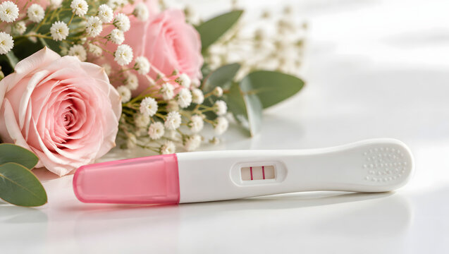Positive pregnancy test with pink flowers symbolizing motherhood, new life and family