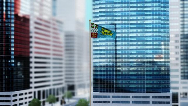 Saint Pierre and Miquelon Flag 3D Render Animation Waving in Front of Modern Glass Buildings - Daytime