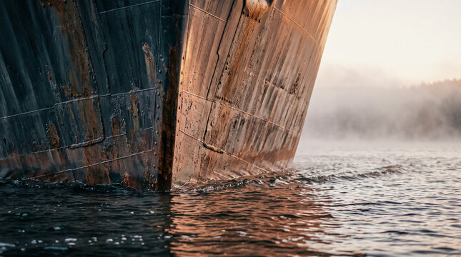 Close up view of an old rusty steel ship bow navigating on calm water in misty morning light