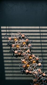 Molecular model of a DNA double helix strand illustrating epigenetics and DNA methylation on a dark surface