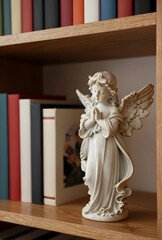 Obraz premium Spirituality and faith concept, small angel figurine with praying hands standing on a wooden bookshelf with colorful books in a home library interior