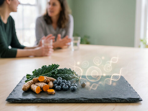 Superfoods on a Slate Board with Cellular and DNA Hologram Graphics Illustrating Healthy Nutrition and Anti Aging Concepts