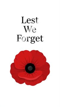 Lest We Forget greeting with red remembrance poppy flower motion graphic, ai generated