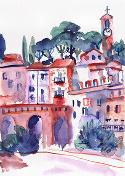 Ventimiglia Historic Townscape with Clock Tower, Expressive Hand-Painted Watercolor