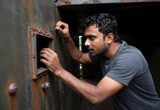 Isolation and confinement concept, man looking through a small window in a dark metal wall, feeling trapped and searching for freedom or escape