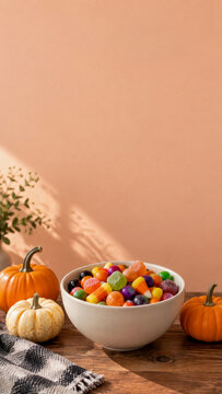 Ceramic bowl filled with colorful Halloween candies and gummy treats sits on rustic wooden table surrounded by small pumpkins against soft peach background.