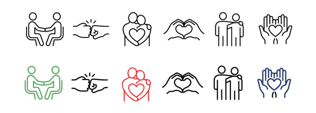 Friendship, partnership, embracing and togetherness vector thin line icon set representing love, unity, connection, support, care, and relationships.