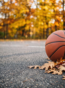 basketball lies on an outdoor sports ground next to fallen autumn leaves creating an atmosphere of autumn sports street games and an active lifestyle in the yard