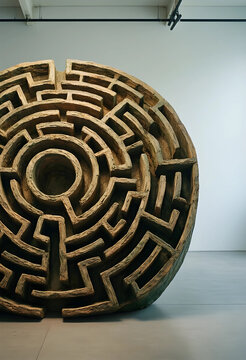 Complexity and problem solving, circular wooden maze sculpture as a metaphor for business strategy and life challenges in a modern art gallery space