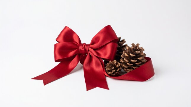 Luxury decorative red satin bow with pine cones on clean white background, minimalist holiday isolated composition.