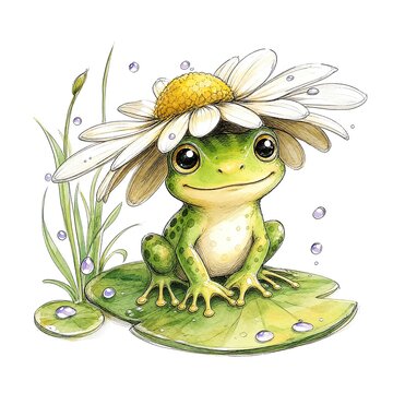 Sweet Little Frog Wearing Daisy Flower Hat Illustration