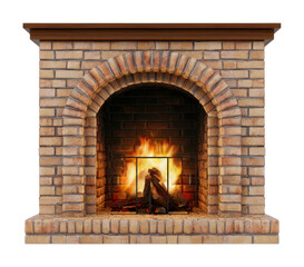 Obraz premium PNG Rustic brick fireplace with glowing fire and wooden mantel