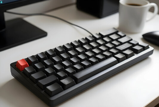 Remote work and productivity, mechanical keyboard with red escape key on a clean office desk with coffee cup for freelance software development projects