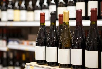 Obraz premium Wine retail and consumer choice, rows of glass bottles with blank labels on supermarket shelves for alcohol industry marketing and beverage branding