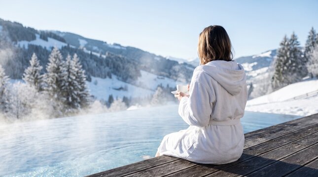 Woman in bathrobe sitting by outdoor heated pool in winter. Rear view of female relaxing at luxury spa resort with snowy mountain view