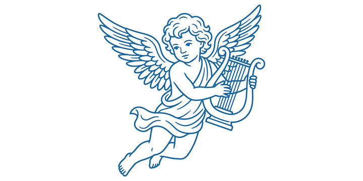 Cherub angel character with wings holding harp for classical art and religious decor.