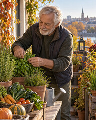 Obraz premium Smiling elderly man tending to potted herbs on balcony with city view during autumn, surrounded by fresh vegetables and plants.