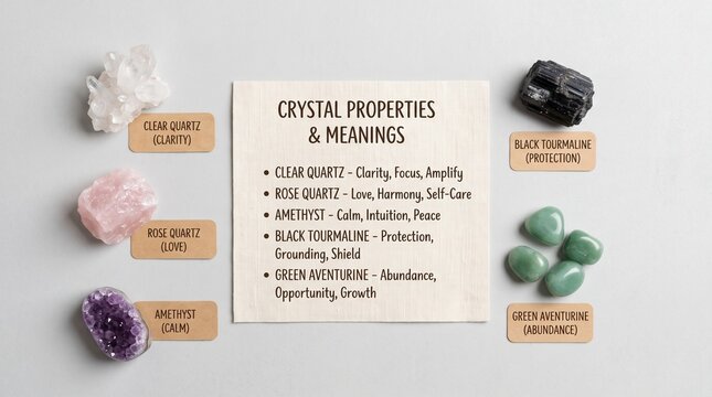 Crystal properties and meanings chart with healing stones. Flat lay of clear quartz, rose quartz, amethyst, black tourmaline, and green aventurine on gray background