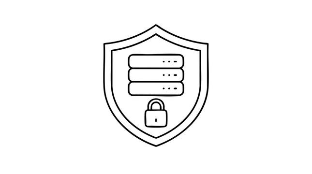 Data security icon featuring shield with server stacks and padlock illustration.