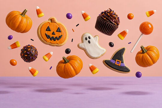 Festive assortment of floating Halloween treats including pumpkins, decorated cookies, cupcakes and candy against pastel backdrop.