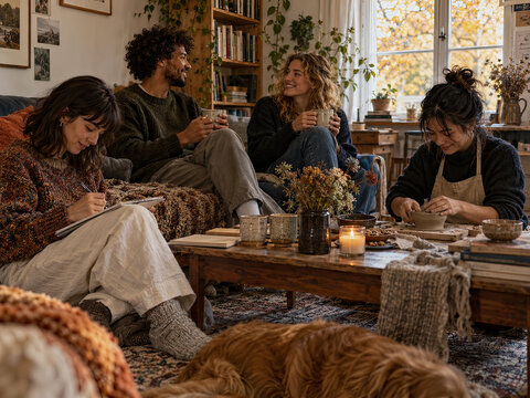 Diverse group of young friends gather in cozy sunlit living room to enjoy coffee, sketch in notebooks, and practice pottery together while dog rests on rug in warm, creative atmosphere.