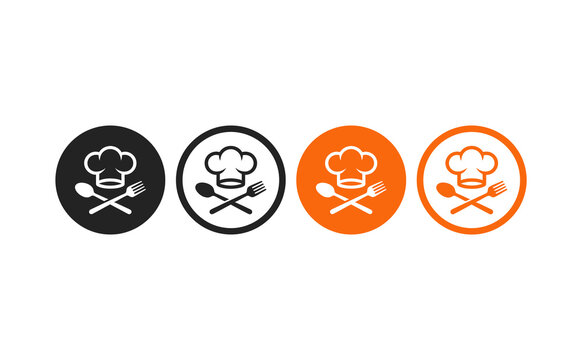 Modern chef hat and cutlery icon set in orange and dark gray circles