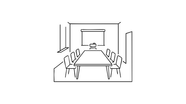Conference room layout with long table and chairs arranged for meeting. Conference room includes modern design, large window for natural light, and minimalistic decor.
