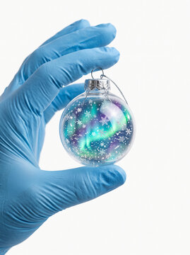 Hand in Blue Medical Glove Holding Christmas Ornament with Northern Lights on White Background