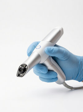 Dentist holding a modern intraoral 3D scanner for dental impression in a medical clinic isolated on white background