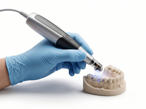 Dental Professional Using an Intraoral Scanner on a Resin Dental Model Isolated on White Background