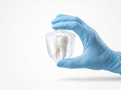Dentist hand in blue glove holding a white tooth inside a transparent protective shield on white background