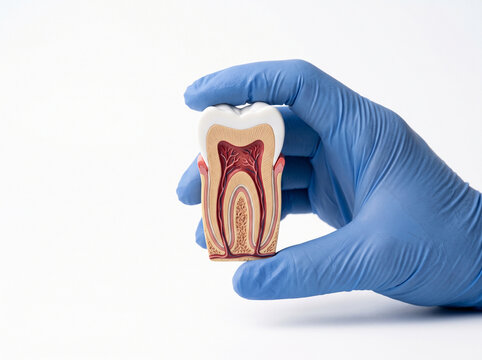 Dentist holding a detailed anatomical cross section tooth model on a white isolated background