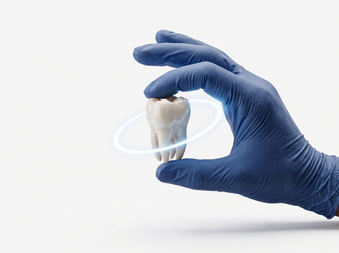 Dentist Hand in Blue Glove Holding Human Tooth with Glowing Protective Circle on White Background