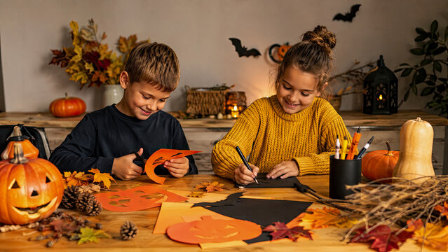 Two smiling children, boy and girl, are engaged in making Halloween crafts at wooden table, surrounded by pumpkins and autumn leaves.