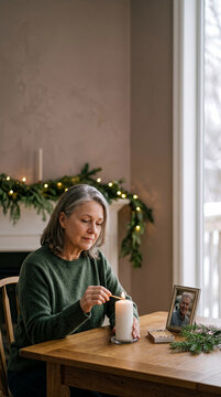 Thoughtful senior woman lights large white candle on wooden table, with framed photograph of man and festive greenery nearby.