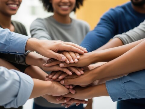 Diverse group of people joining hands in unity