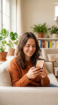 Smiling young woman sits on comfortable sofa in bright living room, holding and looking at her smartphone while surrounded by potted house plants and bookshelf.