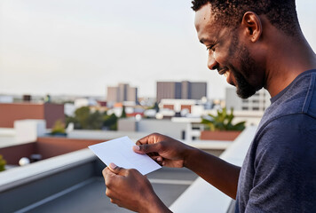 Obraz premium Nostalgia and connection, happy man reading a postcard on a rooftop at sunset with urban city skyline background and positive emotions of communication