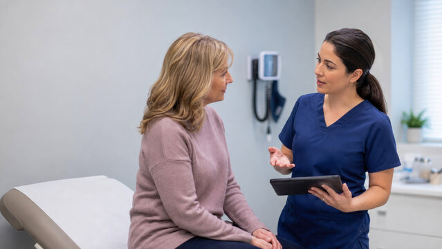 Professional female healthcare provider in blue scrubs holds digital tablet while consulting with older female patient sitting on examination table in bright modern medical clinic office.